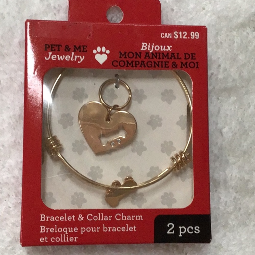 Pet & Me Gold‎ Bracelet Bone Charm & Heart  Bone Collar Charm Set NWT